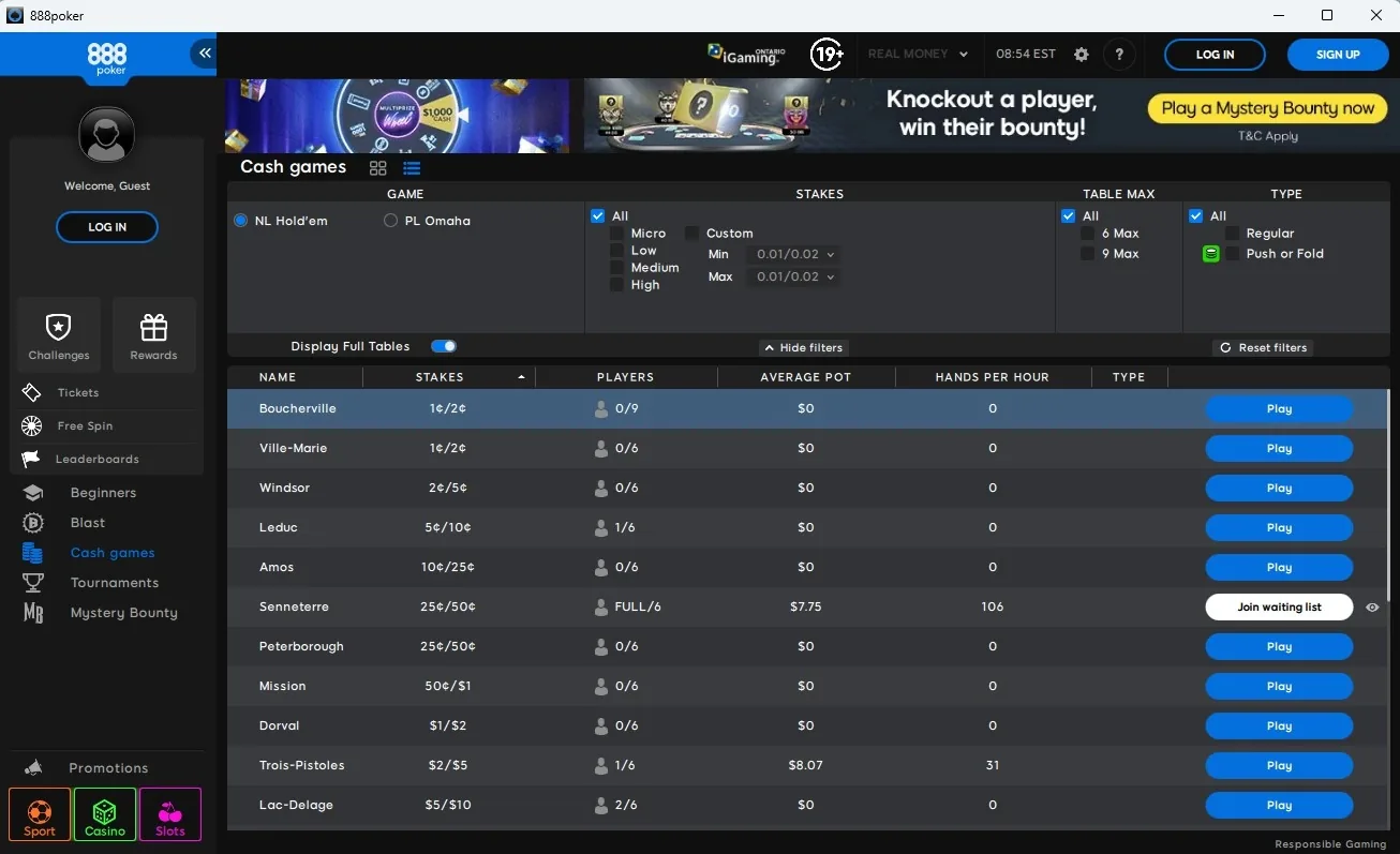 888poker Ontario NL Hold'em cash game lobby