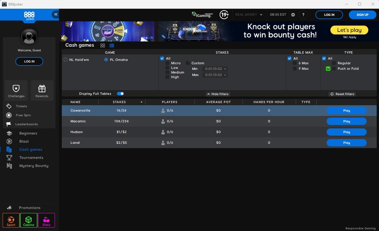 888poker Ontario PLO cash game lobby