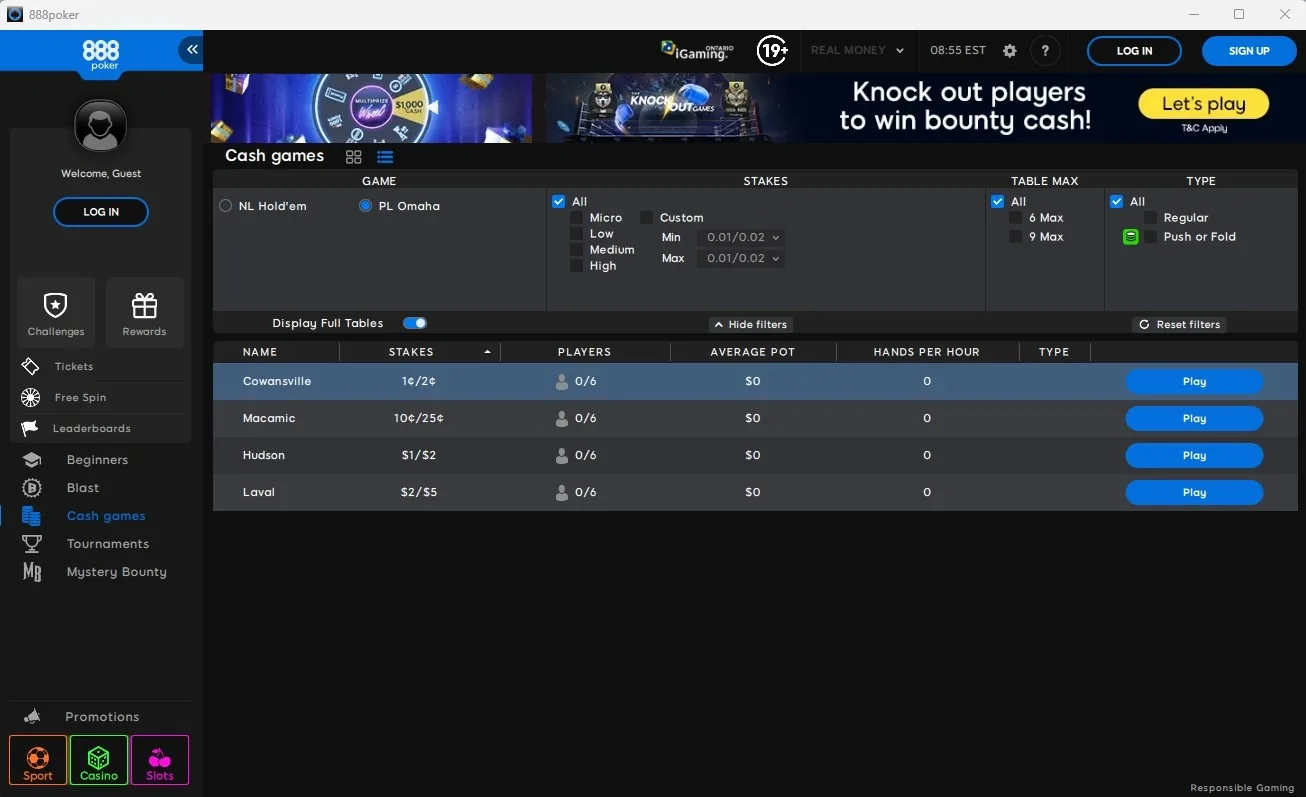 888poker Ontario PLO cash game lobby