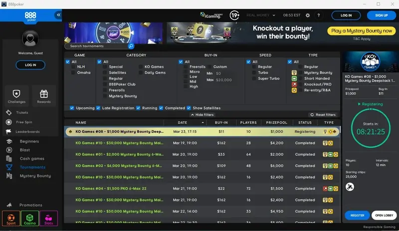 888poker Ontario tournament lobby showing KO Games Mystery Bounty schedule