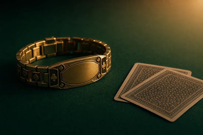 Editorial photograph of a single gold WSOP-style bracelet on dark green tournament felt with a fan of two playing cards face down beside it, warm rim lighting from upper right