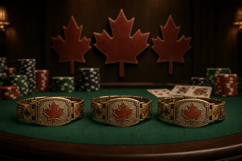 Editorial illustration of three gold WSOP-style bracelets engraved with Canadian maple leaves resting on a green poker felt, three large maple leaves arranged behind them in muted relief, warm tungsten lighting, dignified broadsheet aesthetic