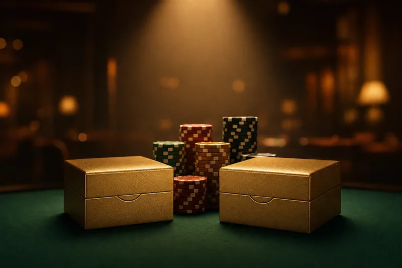 Illustration: two closed gold bracelet boxes on green felt with chip stacks behind under warm spotlight