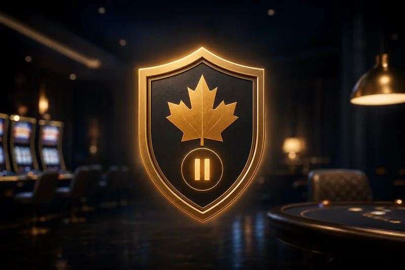 Editorial illustration: a glowing protective shield emblem with a Canadian maple leaf and a pause symbol, set against a dim online casino lobby in the background