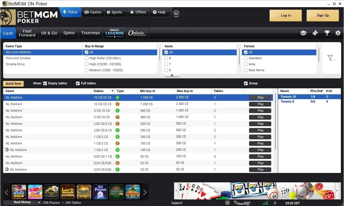 BetMGM Poker Ontario NL Hold'em cash lobby with stakes from $0.25/$0.50 to $10/$25