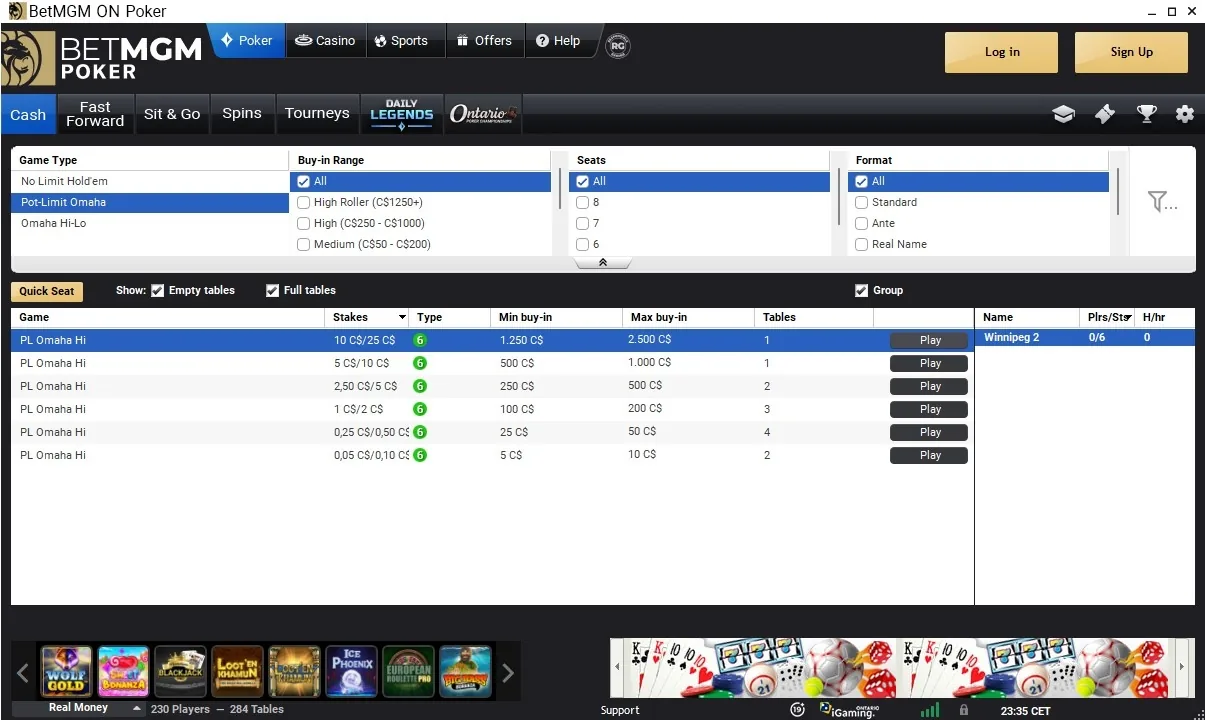 BetMGM Poker Ontario PLO lobby showing Pot-Limit Omaha Hi tables