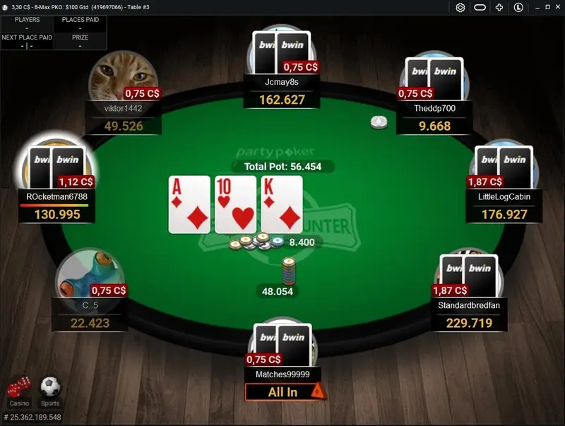 Bwin Ontario live tournament gameplay with seven players at a PKO table