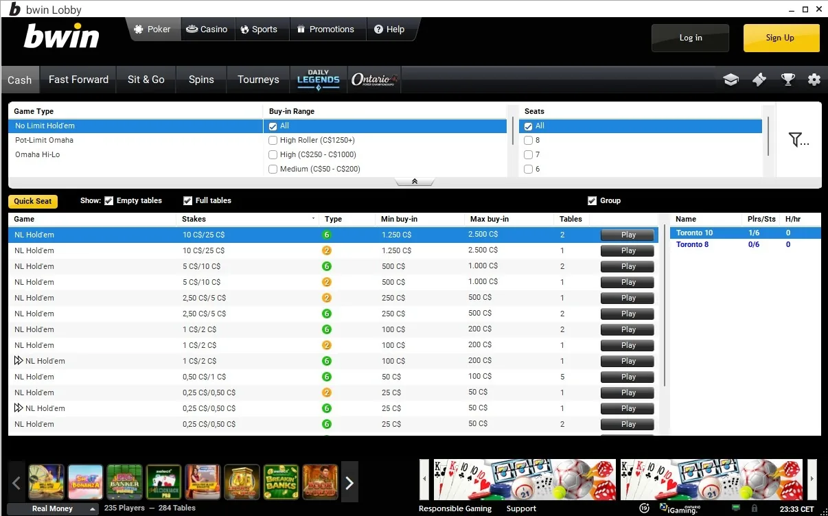 Bwin Ontario NL Hold'em cash lobby with stakes from $0.25/$0.50 to $10/$25