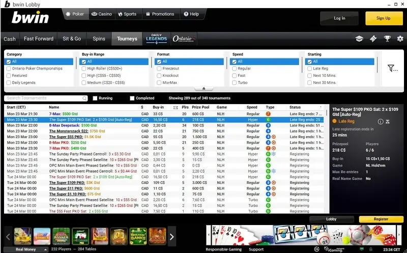 Bwin Ontario tournament lobby showing Daily Legends, Ontario Poker Championships, and PKO events