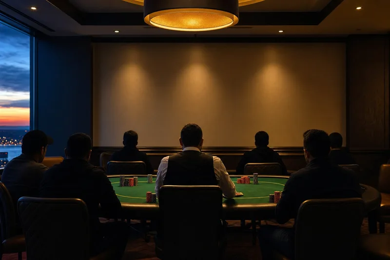 Editorial illustration: a quiet, brightly lit casino poker room at dusk with anonymous players seated around a single green-felt table, chips arranged on the felt, dim Niagara cityscape visible through a window