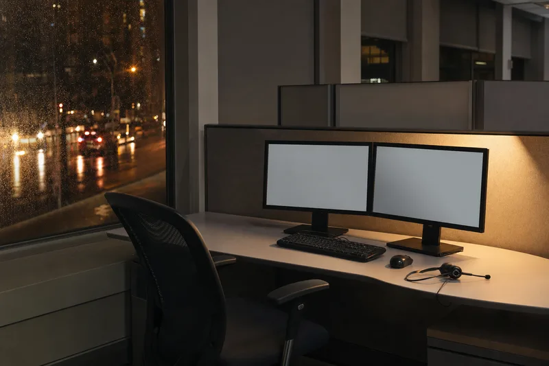 Editorial photograph of an empty ergonomic office chair pushed back from a call-centre workstation with two monitors, headset and warm-lit rainy window in background