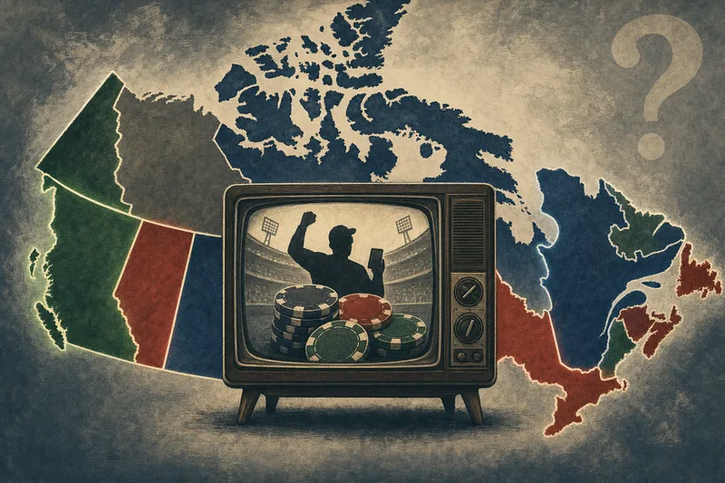 Editorial illustration: vintage television showing a generic gambling advertisement in front of a fragmented map of Canada
