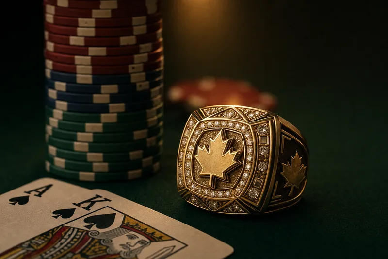 A gold WSOP Circuit ring with a maple leaf motif on a dark green poker felt beside a stack of tournament chips and the ace-king of spades