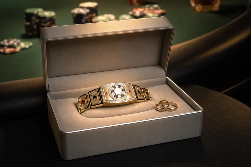 Stylised WSOP gold bracelet displayed in a presentation case with two plain wedding bands and out-of-focus poker chips in the background, illustrating Alex and Kristen Foxen's combined ten WSOP bracelets