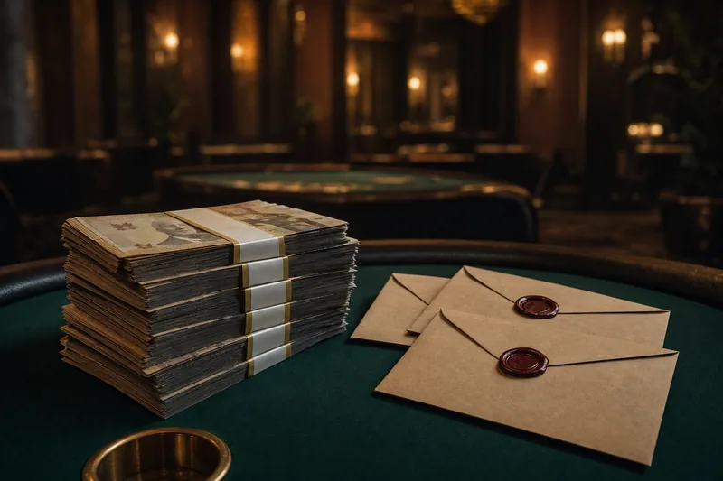 A large stack of Canadian dollar bills beside sealed wax-stamped mystery bounty envelopes on a dark green poker felt, with a blurred tournament ballroom in the background