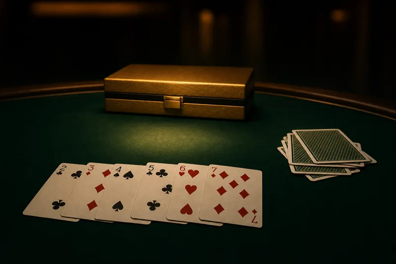 Stylised photo of an elegant 2-7 low poker hand laid on dark green tournament felt under warm spotlight, draw discards face-down beside it, a closed gold WSOP bracelet box at the back of the table, illustrating Koji Fujimoto's win in Event #67 $10,000 2-7 Triple Draw Championship