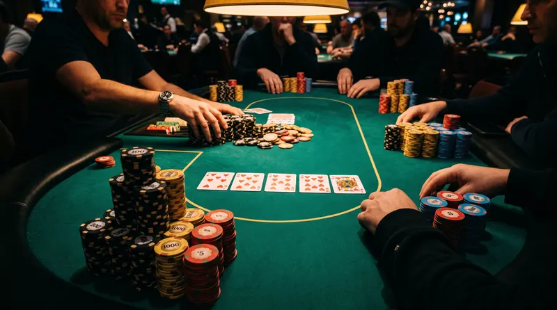 Illustration: A cash game poker table with stacks of chips under warm lighting