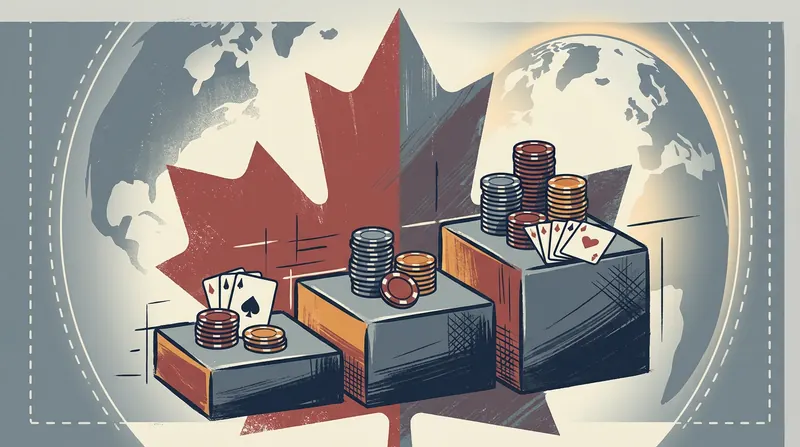 Editorial illustration: tiered guarantee pillars with poker chips and cards over a stylised Ontario maple leaf and globe motif