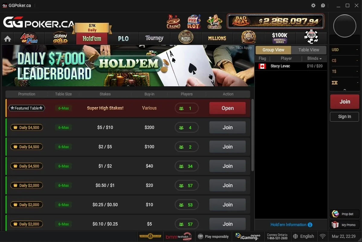 GGPoker Ontario Hold'em cash game lobby
