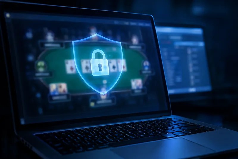 A laptop showing a blurred online poker table behind a glowing padlock shield, illustrating new security measures at online poker sites