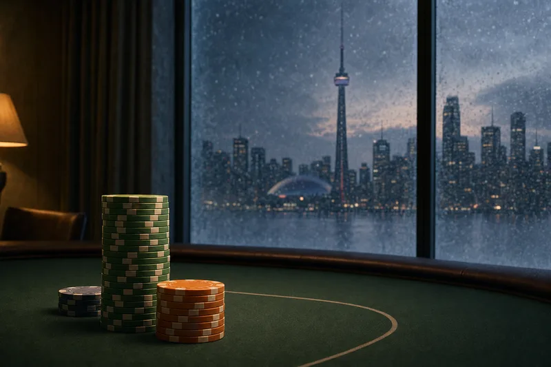 Editorial illustration: three poker chip stacks of different heights on a green-felt table with a snowy Toronto skyline visible through a window, suggesting the relative size of GGPoker Ontario, 888poker Ontario, and the remaining operators