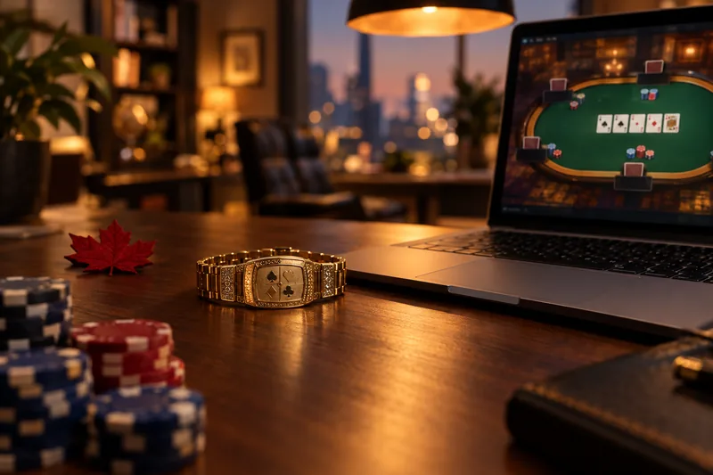 A gold WSOP bracelet resting on a walnut desk beside a laptop displaying an online poker table, with tournament chips and a red maple leaf on the desk, illustrative of the GGPoker Ontario 5th Annual WSOP Online Ontario bracelet series firing tonight