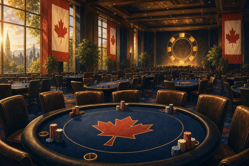 Editorial illustration of a Canadian poker tournament hall in soft warm late-summer light with rows of tables, large maple-leaf accents on the felts, faint WSOP-style gold ring motif glowing on the back wall