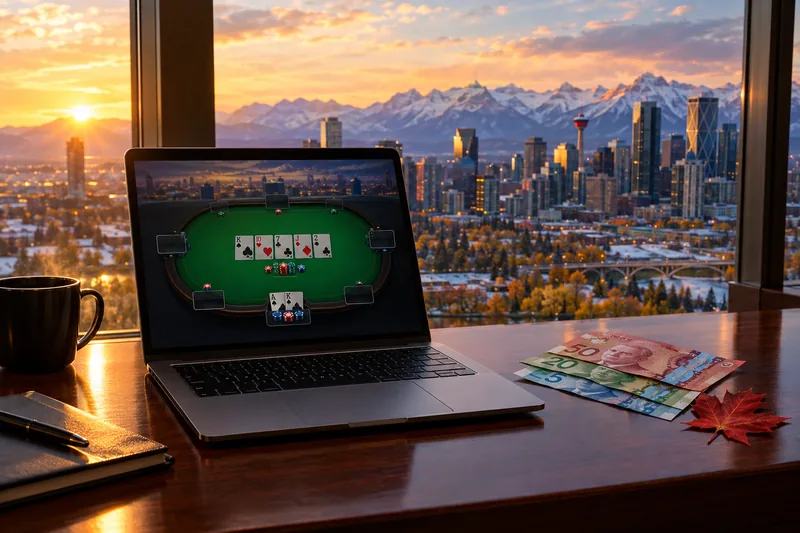 A laptop showing an online poker satellite lobby on a mahogany desk with a stack of Canadian bills and a red maple leaf beside it, the Calgary skyline and Rocky Mountains visible through a window at sunrise, illustrative of GGPoker Ontario launching zero-cost freeroll qualifiers into the WSOP Circuit Calgary Main Event