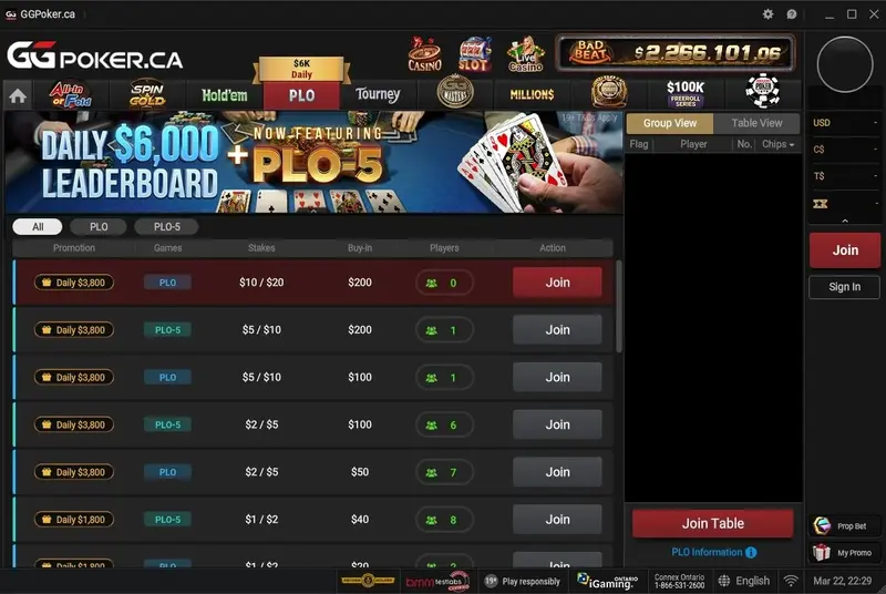 GGPoker Ontario PLO lobby showing available Pot-Limit Omaha tables and stakes