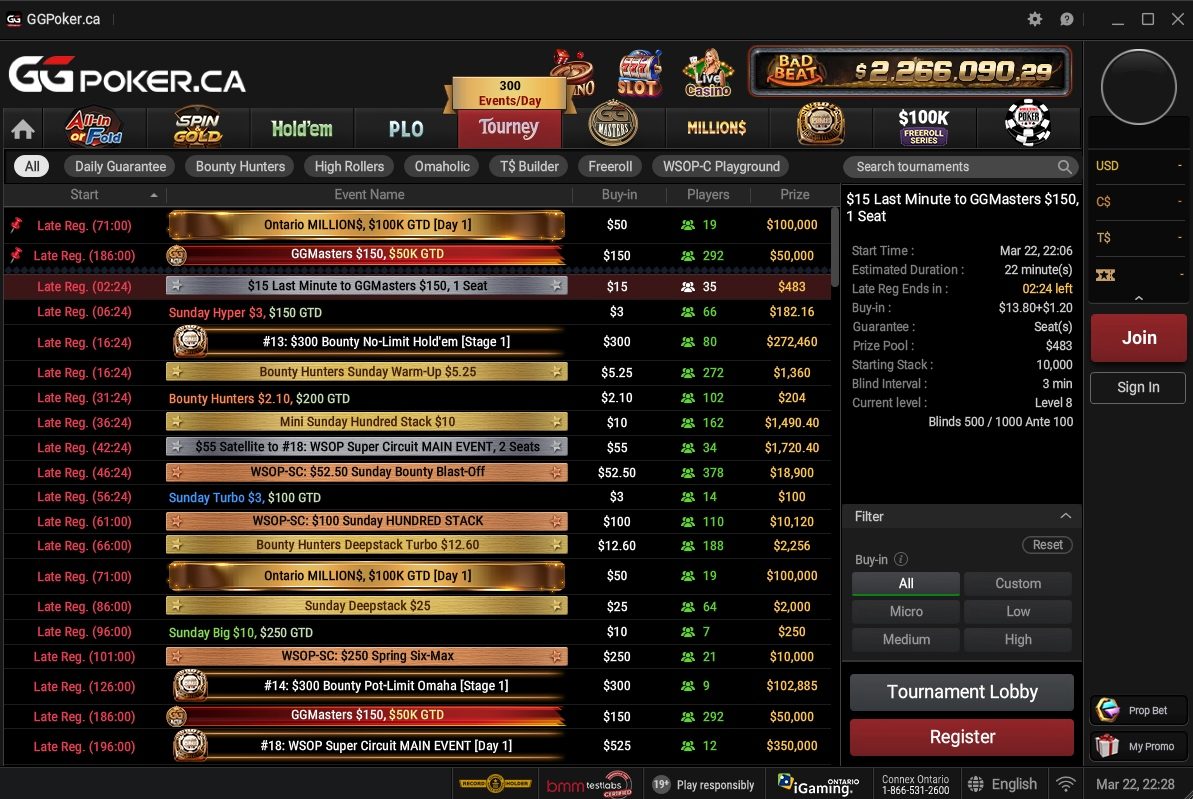 GGPoker Ontario tournament lobby with 300+ daily events