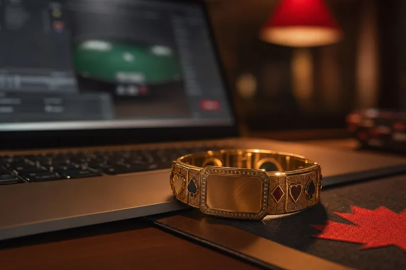 An oversized gold poker championship bracelet resting on a laptop palm rest with a poker table visible on the screen and a red maple leaf accent on a felt desk mat, warm ambient lighting