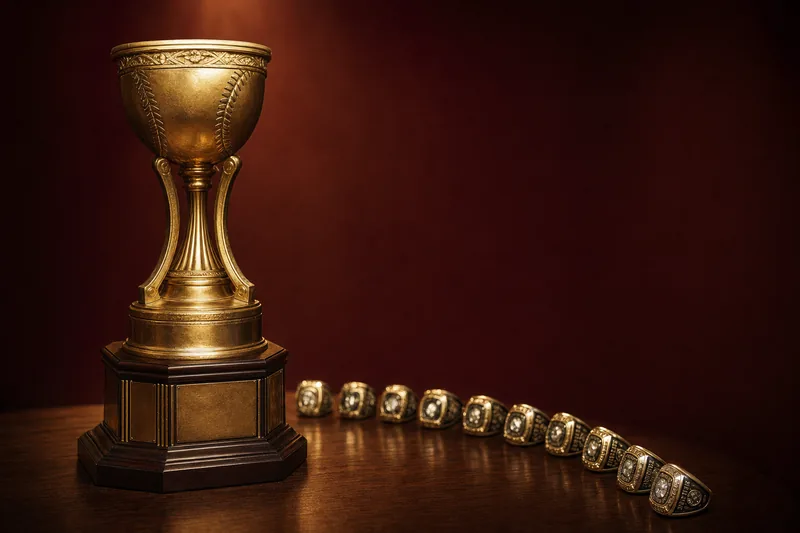 Stylised photo of the Chip Reese Memorial Trophy under warm spotlight on a dark wooden table, nine WSOP gold bracelets arranged in a fanned arc beside it against a deep maroon backdrop, illustrating Benny Glaser's ninth-bracelet title in the 2026 WSOP $50,000 Poker Players Championship