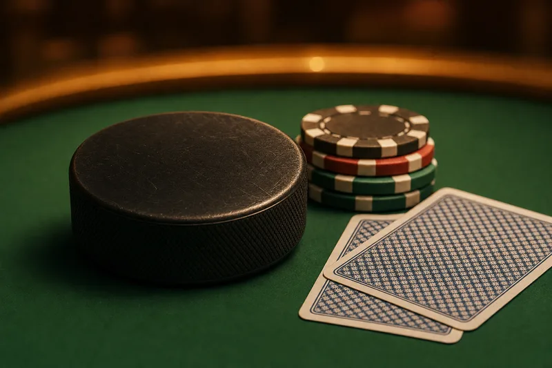 A hockey puck beside a stack of poker chips and two face-down playing cards on a green felt table
