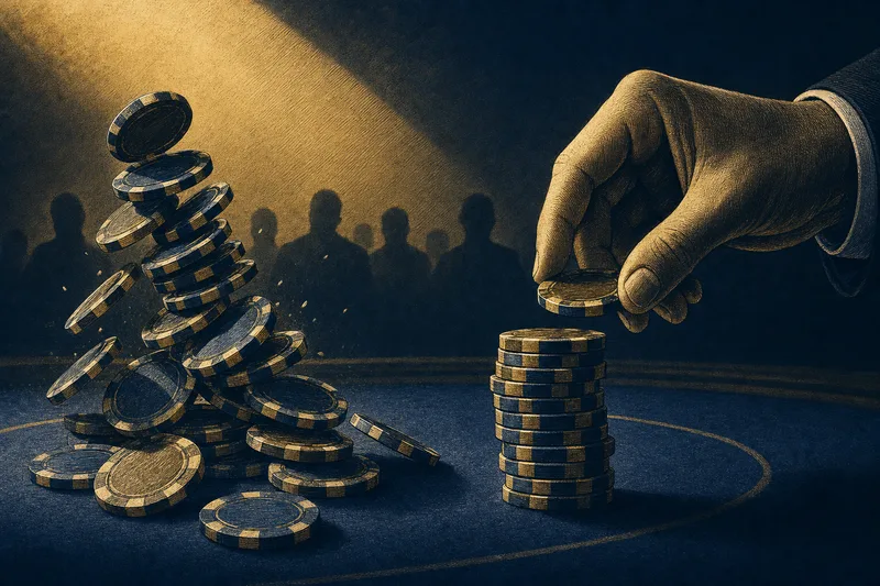 Editorial illustration of a poker chip stack toppling on the felt while a hand assembles a smaller stack nearby under dramatic side lighting