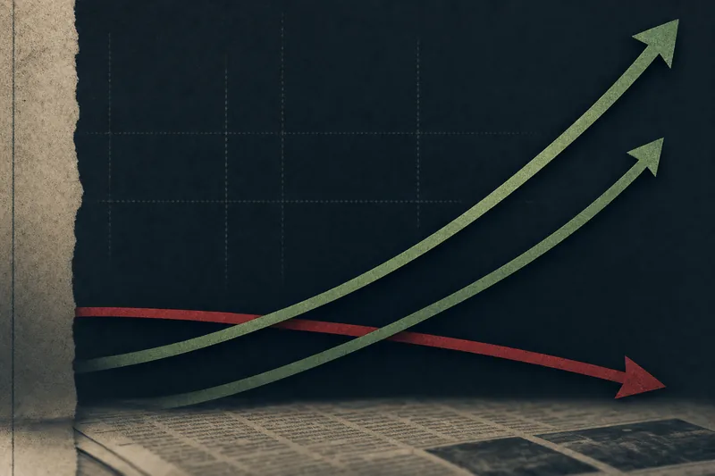 Editorial illustration of two rising green arrows and one descending red arrow above a newspaper page representing Ontario iGaming record growth and the peer-to-peer poker year-on-year decline
