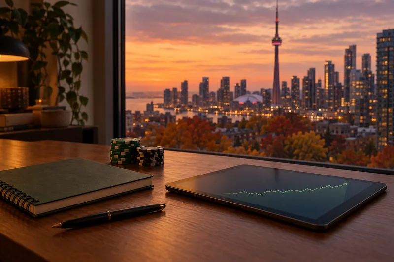 A tablet showing an abstract rising line graph beside a notebook and two stacks of poker chips on a wooden desk, with the Toronto skyline at dusk through the window, illustrating Ontario online poker market data