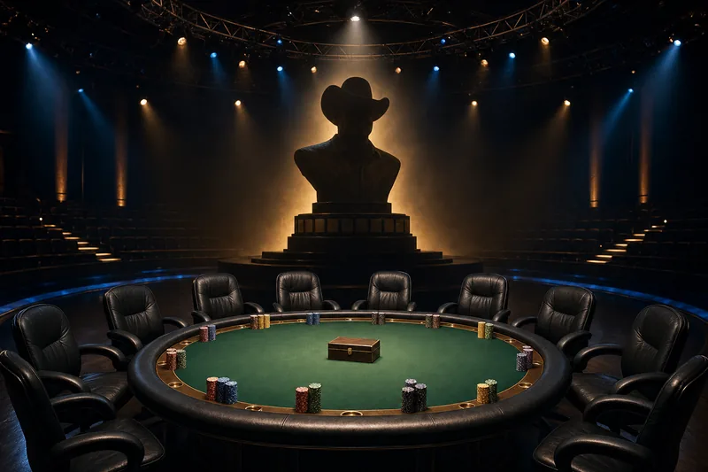 Stylised photo of a six-handed final table inside the WSOP Thunderdome arena with chip stacks ringing the felt, a single closed gold bracelet box at centre, and a silhouette of the Chip Reese Memorial Trophy at the back of the stage, illustrating Day 6 of the 2026 WSOP $50K Poker Players Championship