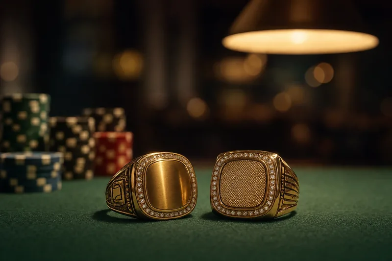 Two gold WSOP Circuit championship rings sitting side by side on a dark green poker felt with poker chip stacks and a warm pendant lamp in the deep background