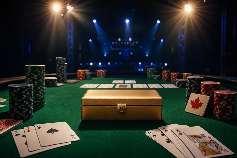 Stylised photo of a poker tournament final table at night with mixed-game cards, chip stacks, a closed gold bracelet box and a Canadian maple leaf card protector under stage lights, illustrating Day 4 of the 2026 WSOP $50K Poker Players Championship