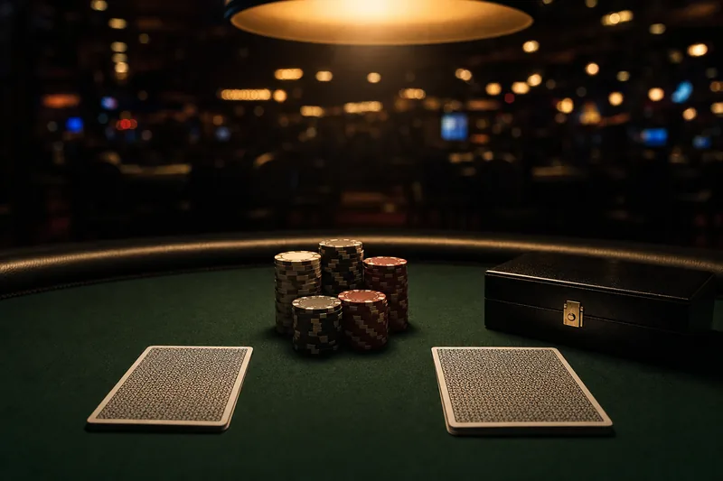 Stylised photo of two opposing hole-card pairs face down on green felt with a chip stack and a closed bracelet presentation case beside them under a warm spotlight, illustrating the heads-up finale of WSOP Event #49