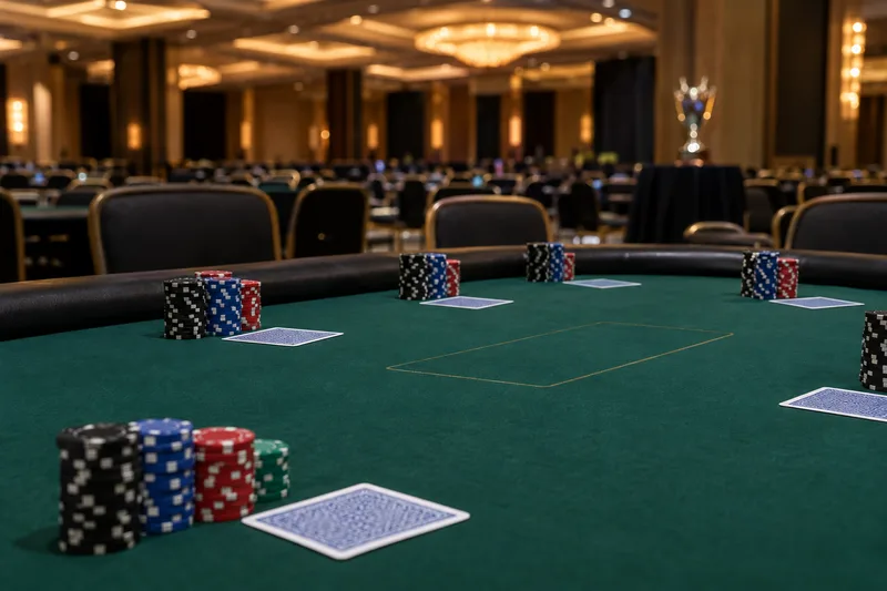 A live poker final table with chip stacks and face-down cards in a large card room, with a trophy blurred in the background, illustrating the MSPT Canadian Poker Championship