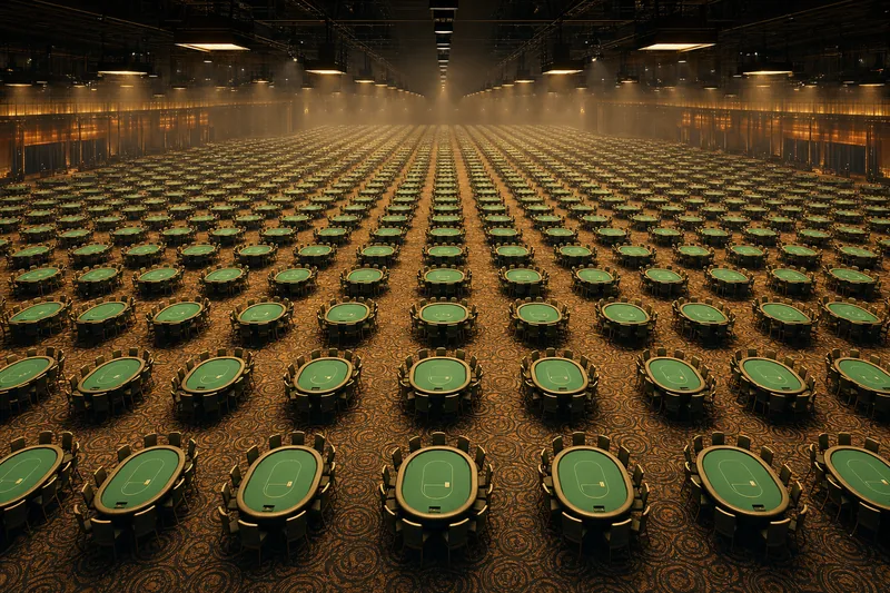 Stylised photo of a massive tournament poker hall photographed from above, hundreds of green felt tables arranged in grid rows under warm overhead lighting, illustrating the 23,706-entry Day 1 close of the 2026 WSOP $1,000 Mystery Millions