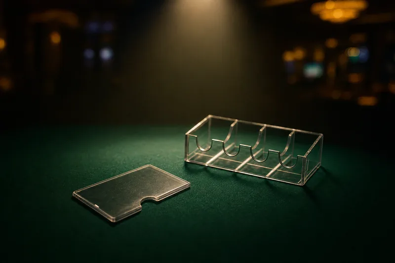 Stylised photo of an empty plastic chip rack and a card protector on dark green felt under a single spotlight, illustrating an elimination at the WSOP $25,000 Pot-Limit Omaha High Roller