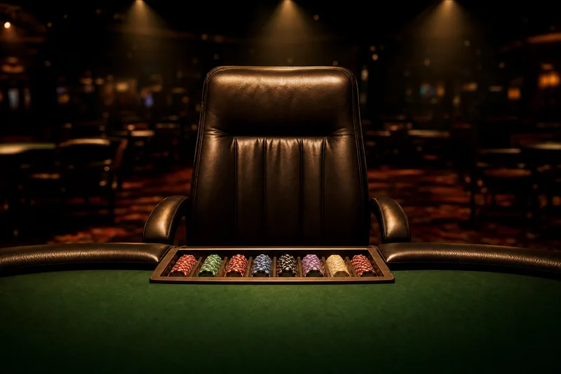 Stylised photo of an empty leather poker dealer chair facing a chip rack at a tournament felt, dramatic spotlight from above, dark casino floor blurred in background, illustrating Day 3 of the WSOP $25,000 Pot-Limit Omaha High Roller