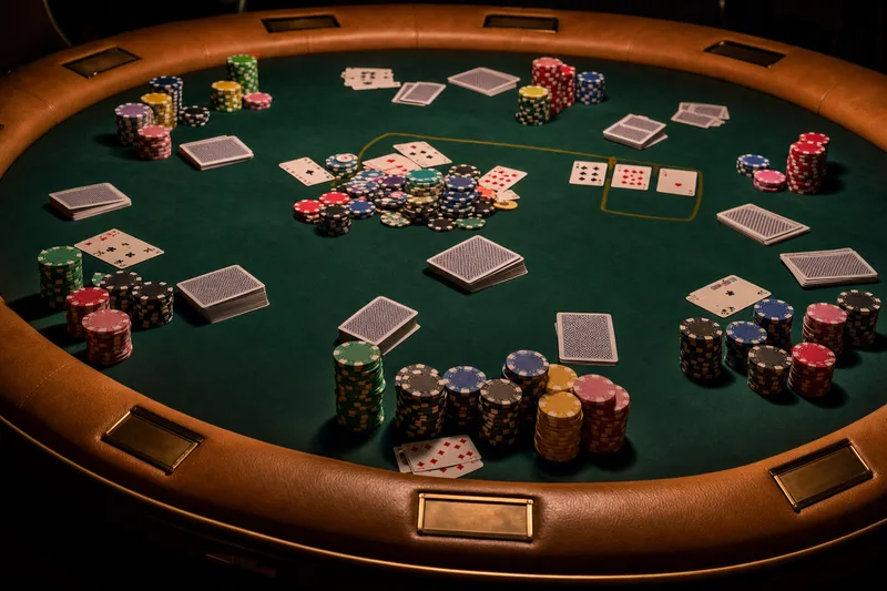 Stylised photo of an eight-handed poker table with multiple decks and chip stacks scattered across green felt, illustrating the WSOP $1,500 8-Game Mixed format that rotates No-Limit Hold'em, Pot-Limit Omaha, Seven Card Stud, Stud Hi-Lo, Omaha Hi-Lo, Razz, 2-7 Triple Draw and Limit Hold'em