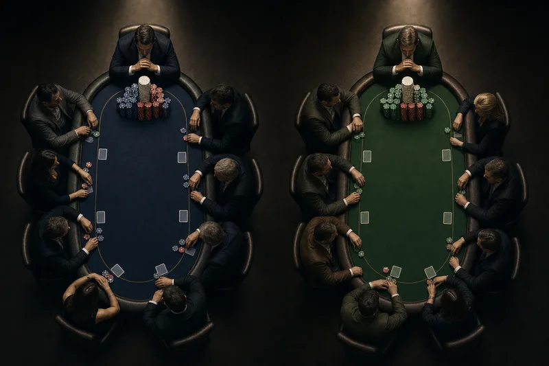Editorial illustration of two parallel poker tables seen from above, both with one large dominant chip stack at the head position, navy felt on the left and forest green felt on the right