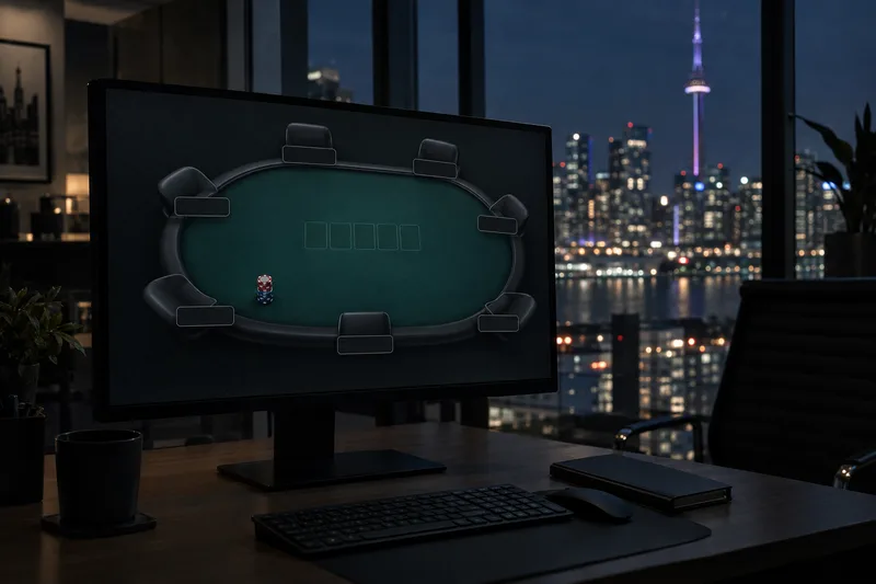 A monitor showing a generic online poker table with every seat empty, in a dark office overlooking the Toronto skyline at night, illustrating thin player pools in Ontario online poker