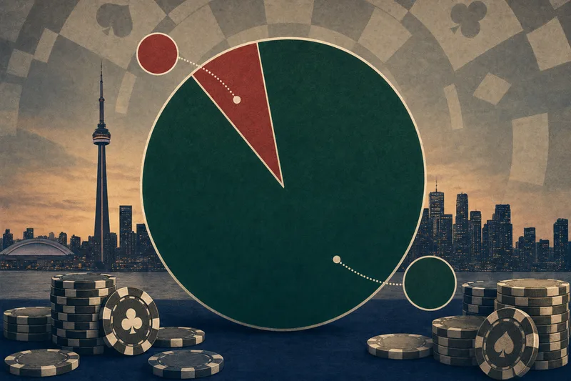 Editorial illustration: pie chart with a dominant green slice and a small red slice over a Toronto skyline silhouette