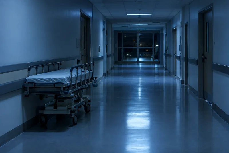 A quiet hospital corridor at night with an empty gurney against the wall, cool blue clinical lighting, no people, no signage, illustrative of an emergency department after hours in the context of an ICES study on gambling-related emergency department visits in Ontario