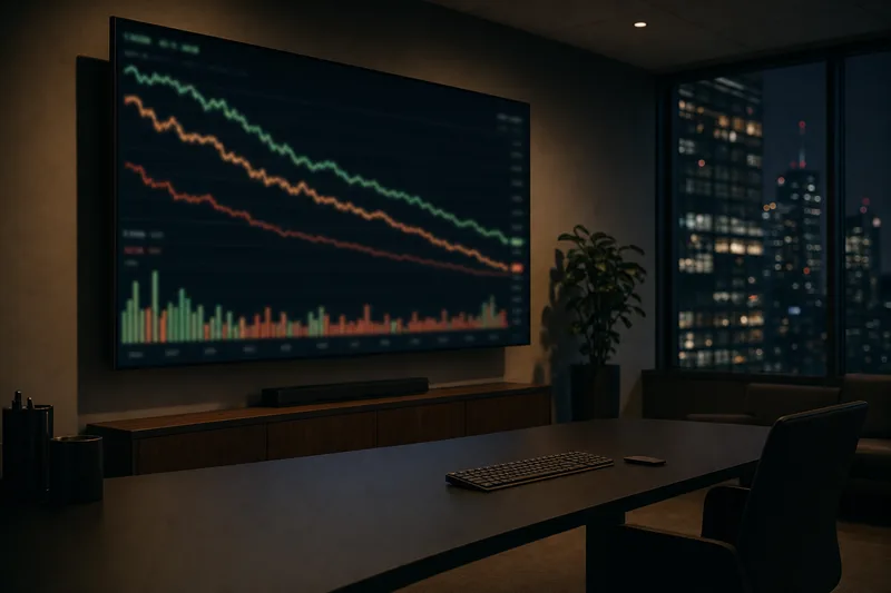 Editorial photograph of a modern analytics office at night with an abstract downward-trending line chart display on a wall-mounted screen